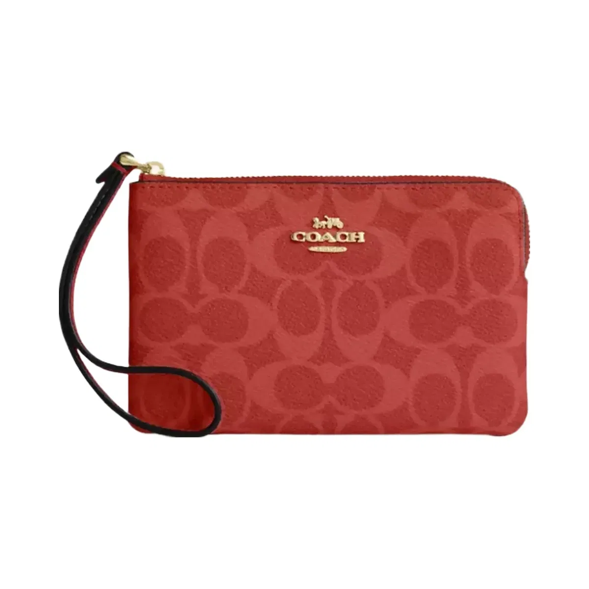 Coach Corner Zip Wristlet In Signature Canvas in Gold Crimson