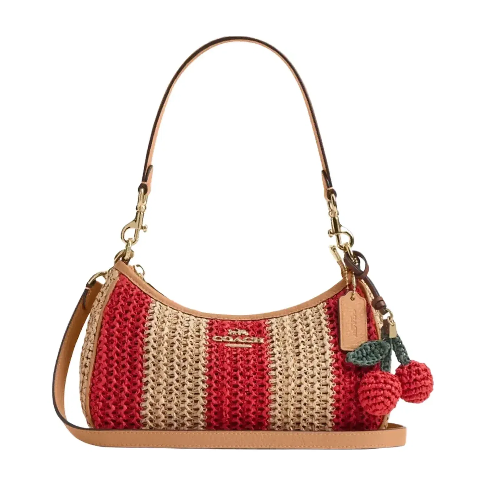 Coach Teri Shoulder Bag With Stripes And Charm in Gold Red Tan