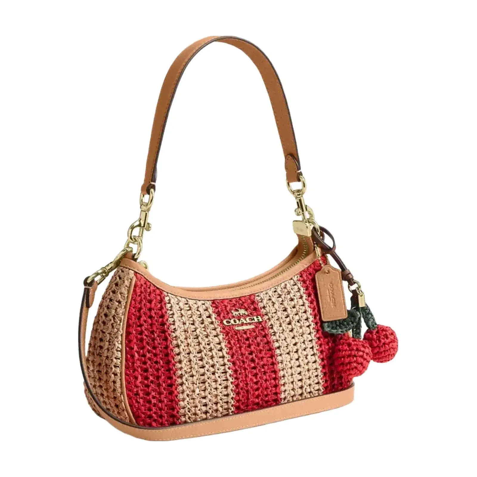 Coach Teri Shoulder Bag With Stripes And Charm in Gold Red Tan