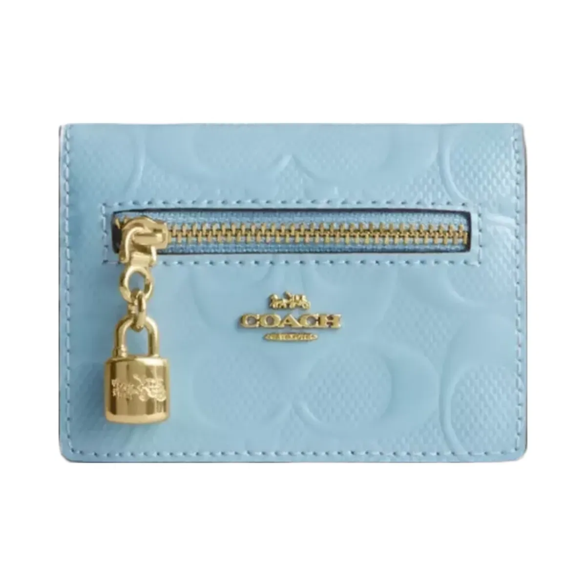 Coach Card Case With Charm In Signature Leather in Gold Light Blue