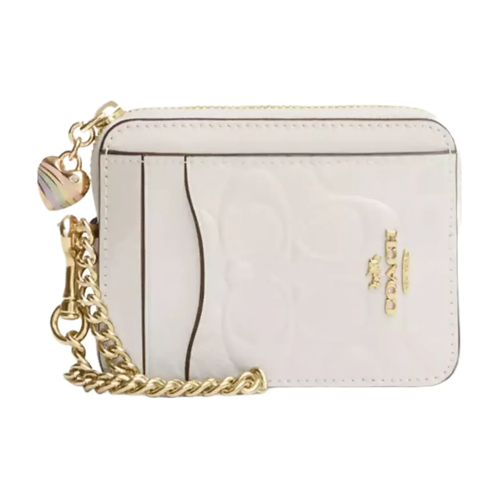 Coach Zip Card Case In Signature Leather With Heart Charm in Gold Chalk