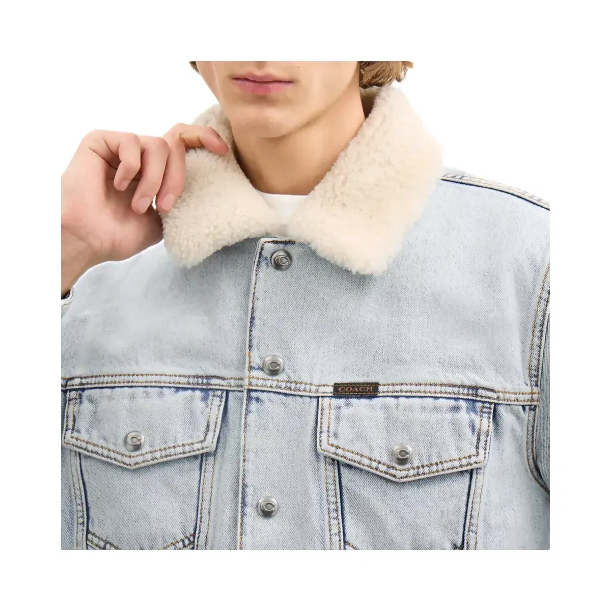 Coach Denim Jacket With Shearling Collar in Light Wash