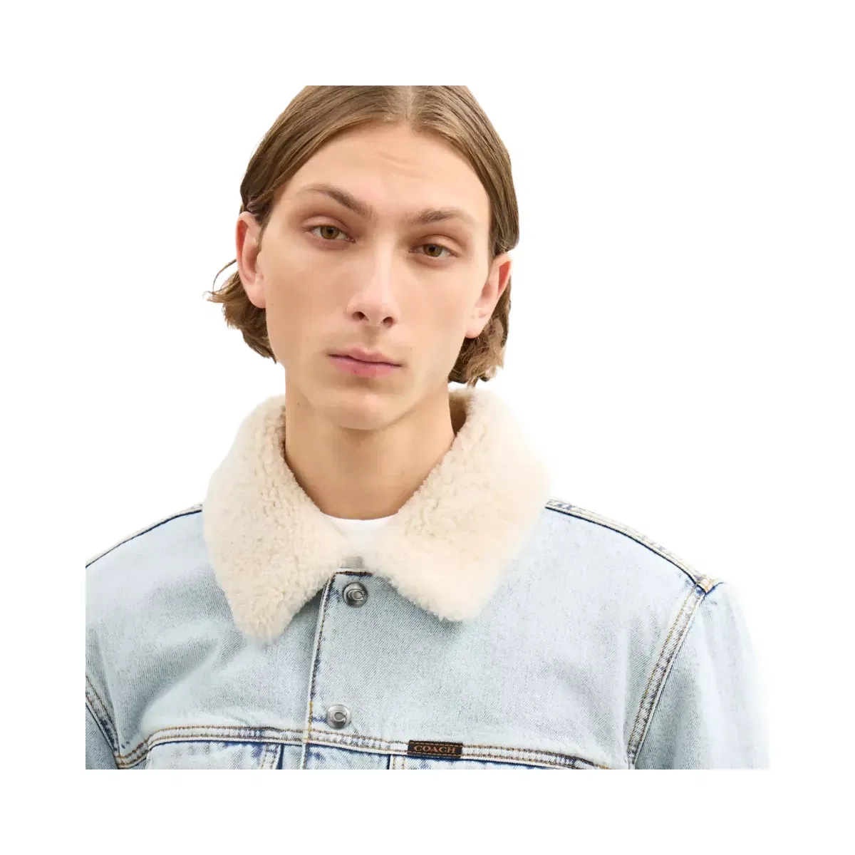 Coach Denim Jacket With Shearling Collar in Light Wash