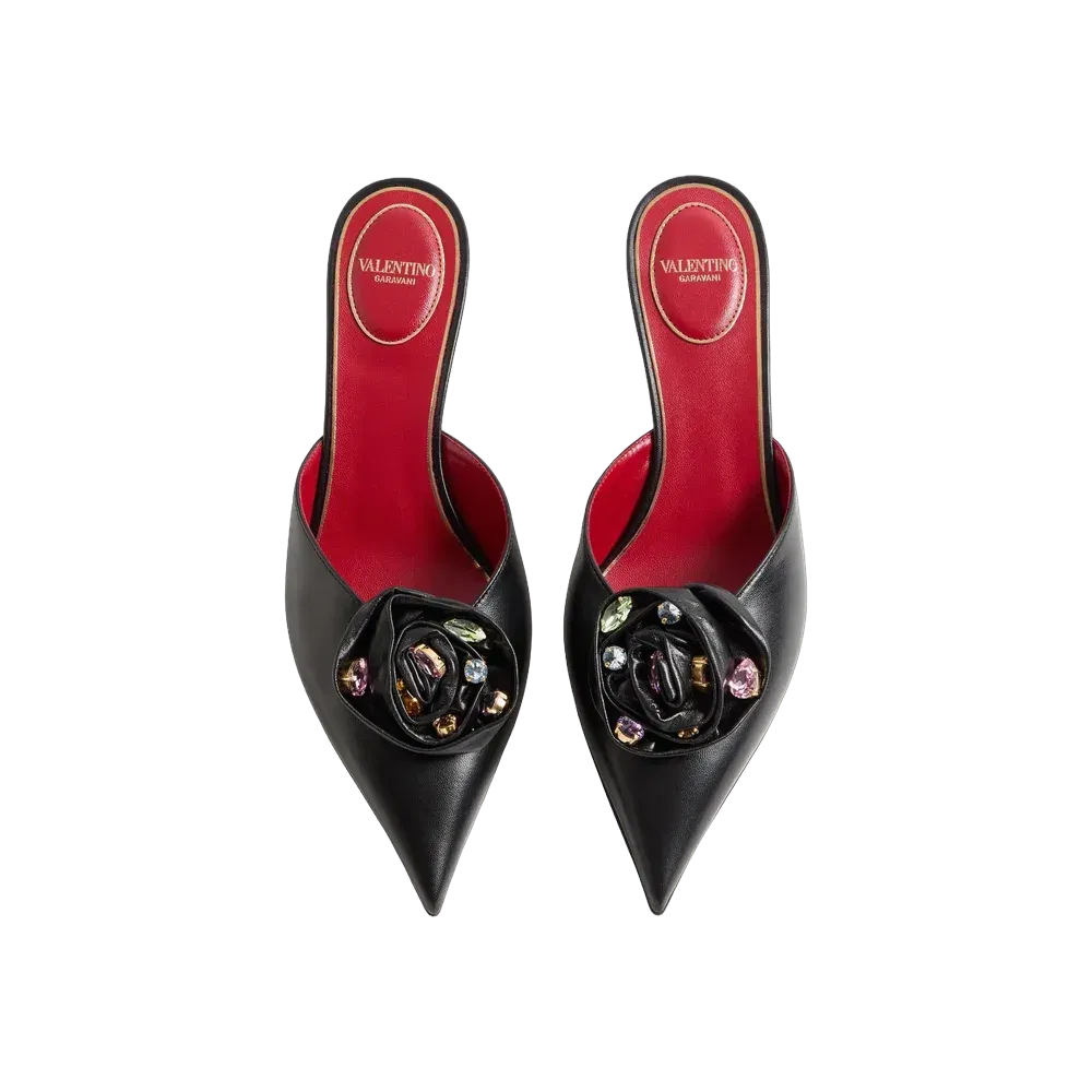 Valentino Drip Rose Kidskin Mule With Crystals 55mm Black