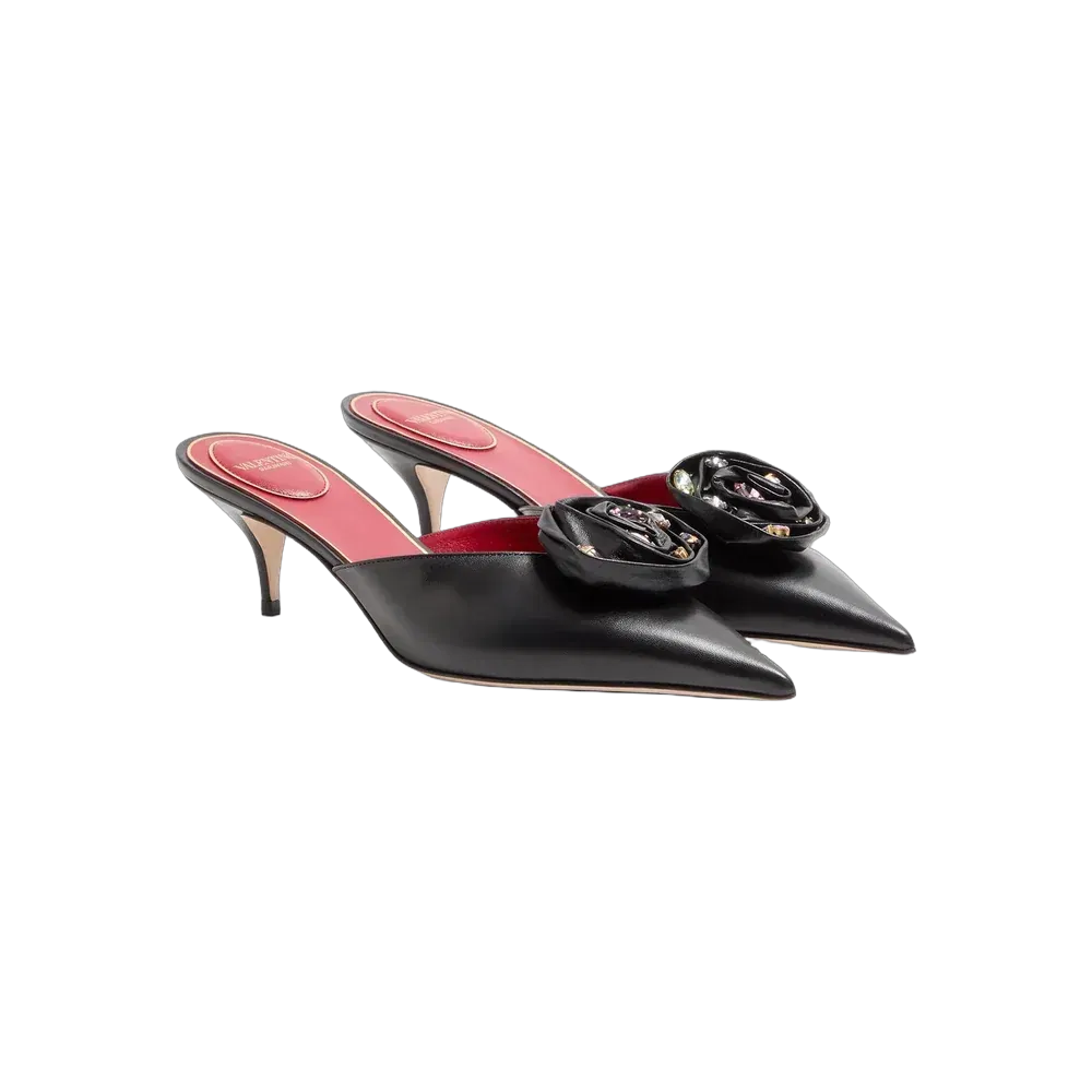 Valentino Drip Rose Kidskin Mule With Crystals 55mm Black