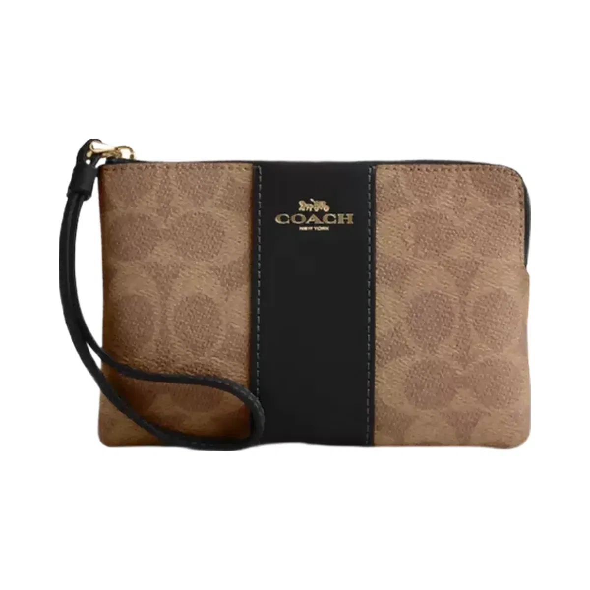 Coach Corner Zip Wristlet In Signature Canvas With Stripe in Gold Tan Black