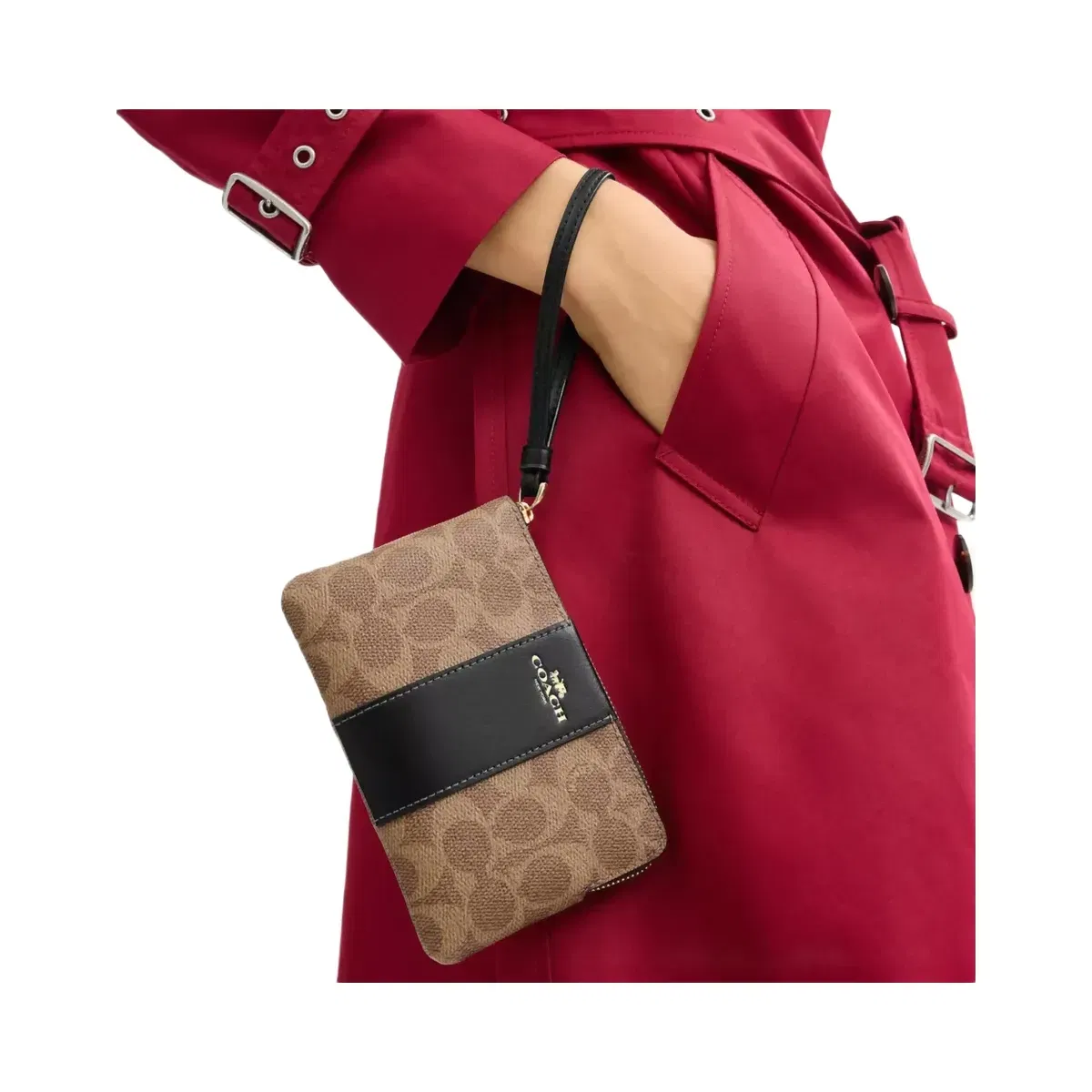 Coach Corner Zip Wristlet In Signature Canvas With Stripe in Gold Tan Black