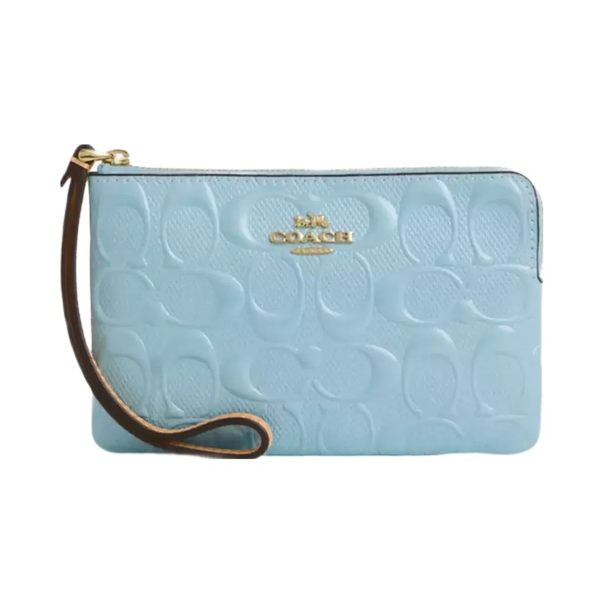Coach Corner Zip Wristlet In Signature Leather in Gold Light Blue