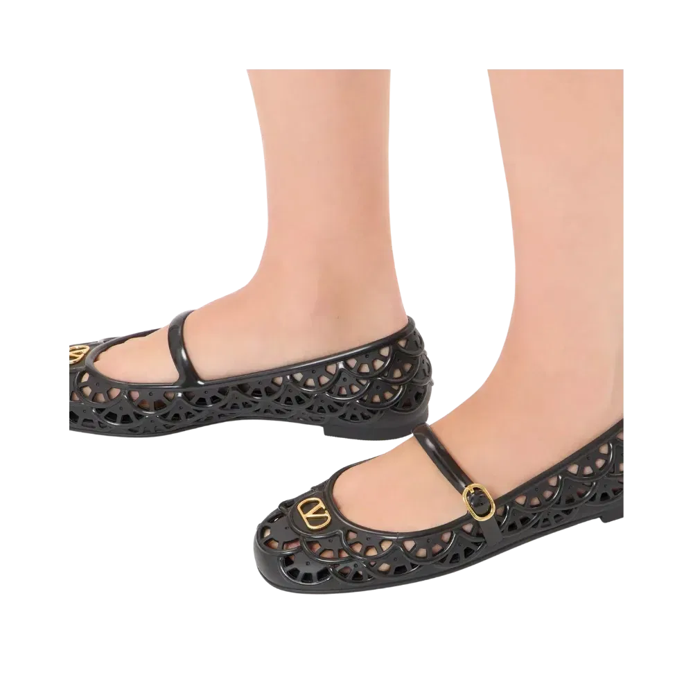 Valentino Ondette Rubber Ballerina With Scallop Pattern 05mm Black
