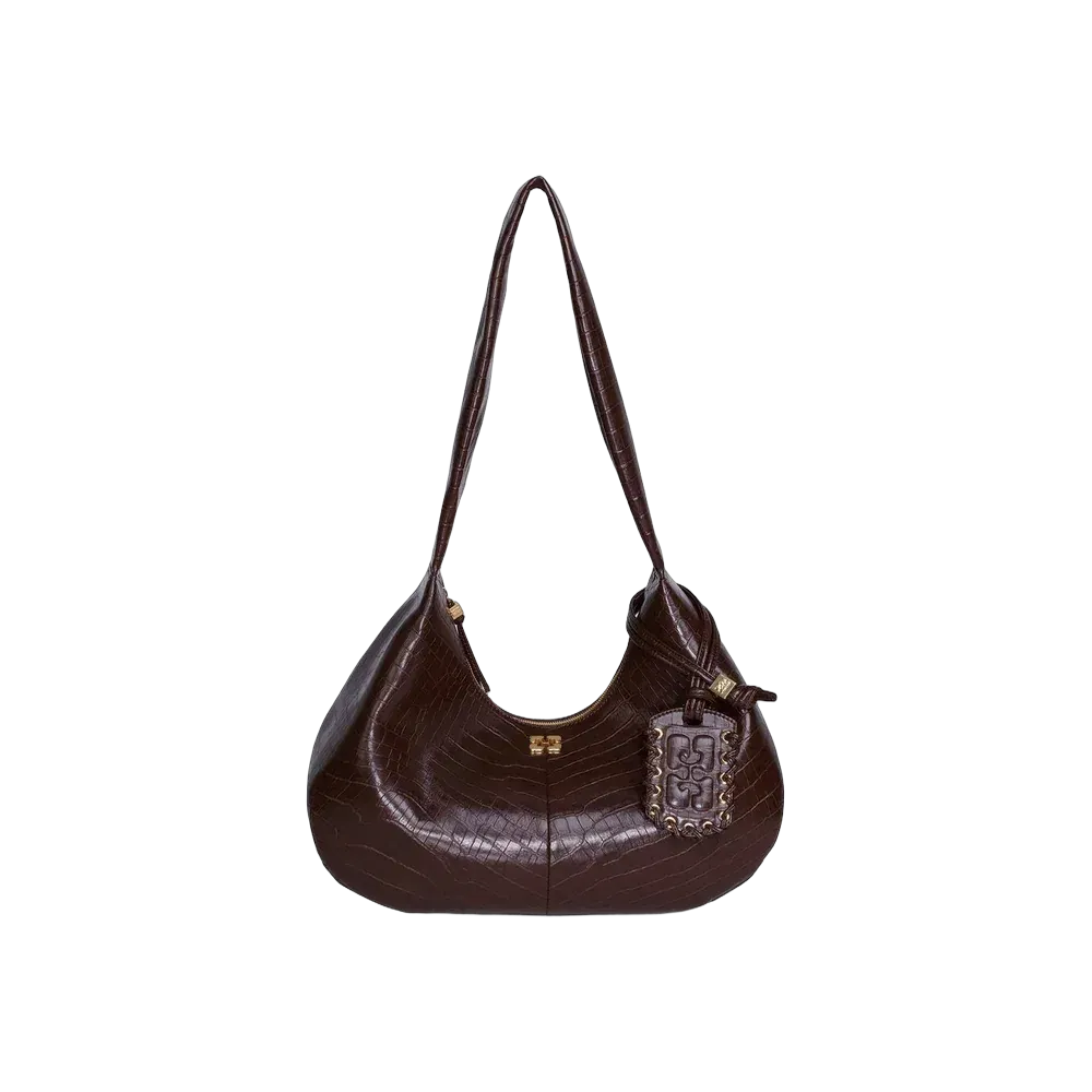 Ganni Brown Croco Medium Hobo Bag