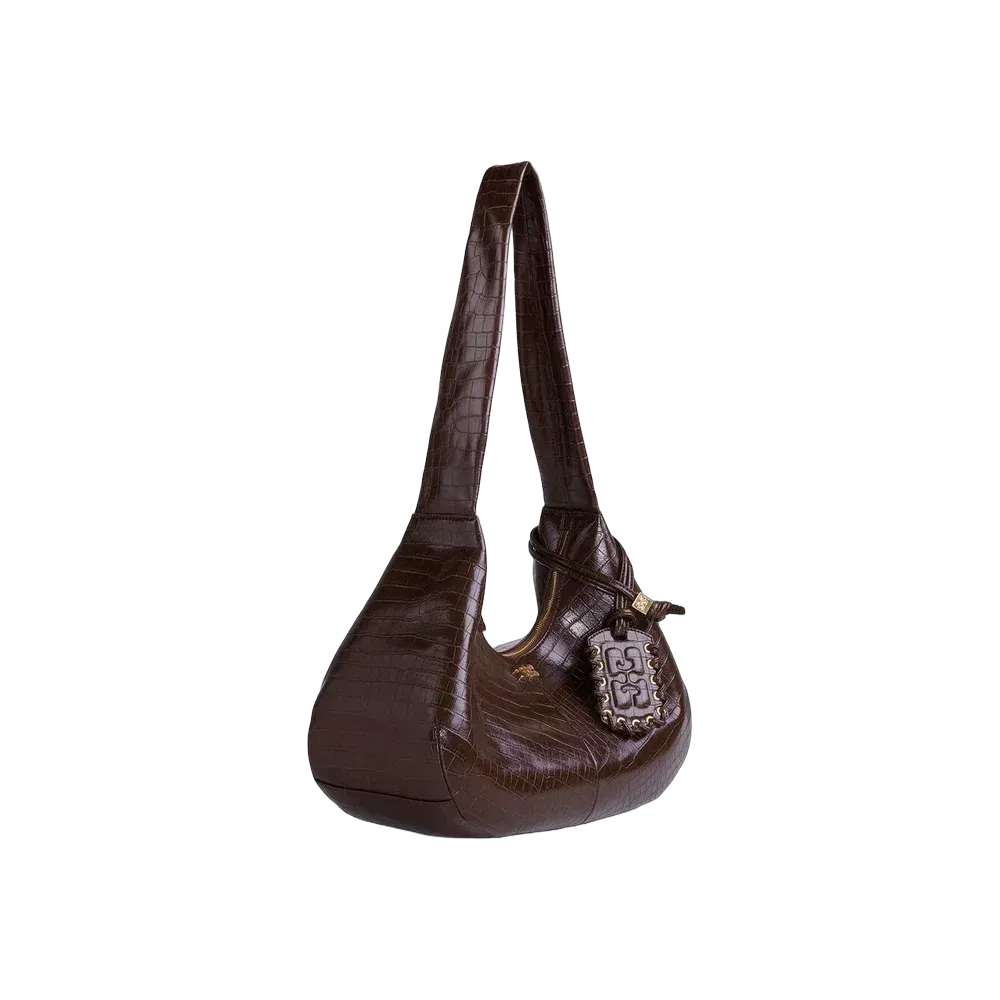 Ganni Brown Croco Medium Hobo Bag