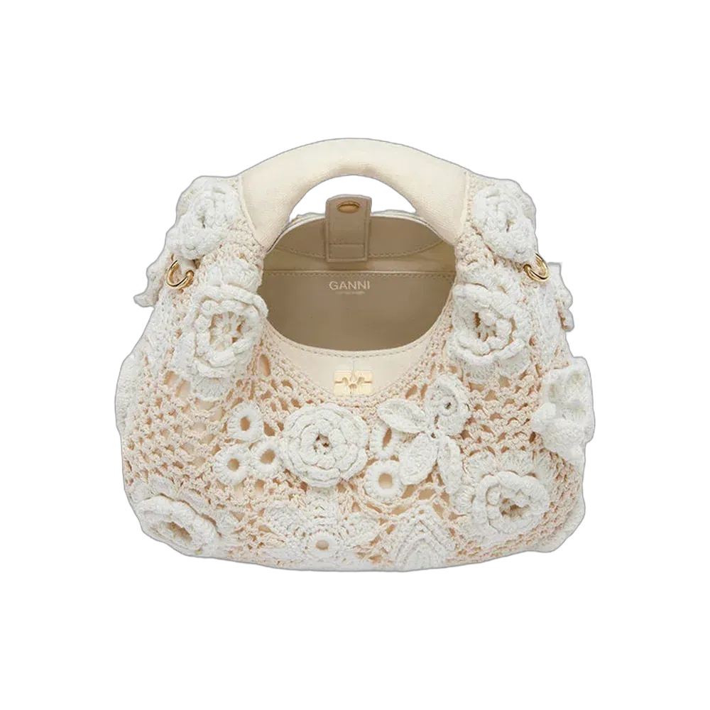 Ganni Mini Hobo Bag in White Crochet