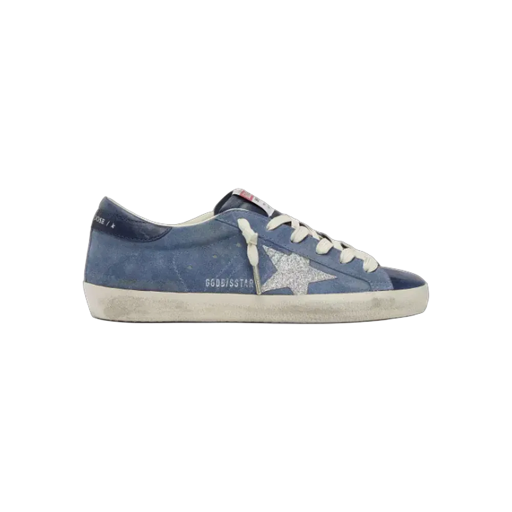 Golden Goose Super-Star In Denim-Blue Suede With Silver Glitter Star