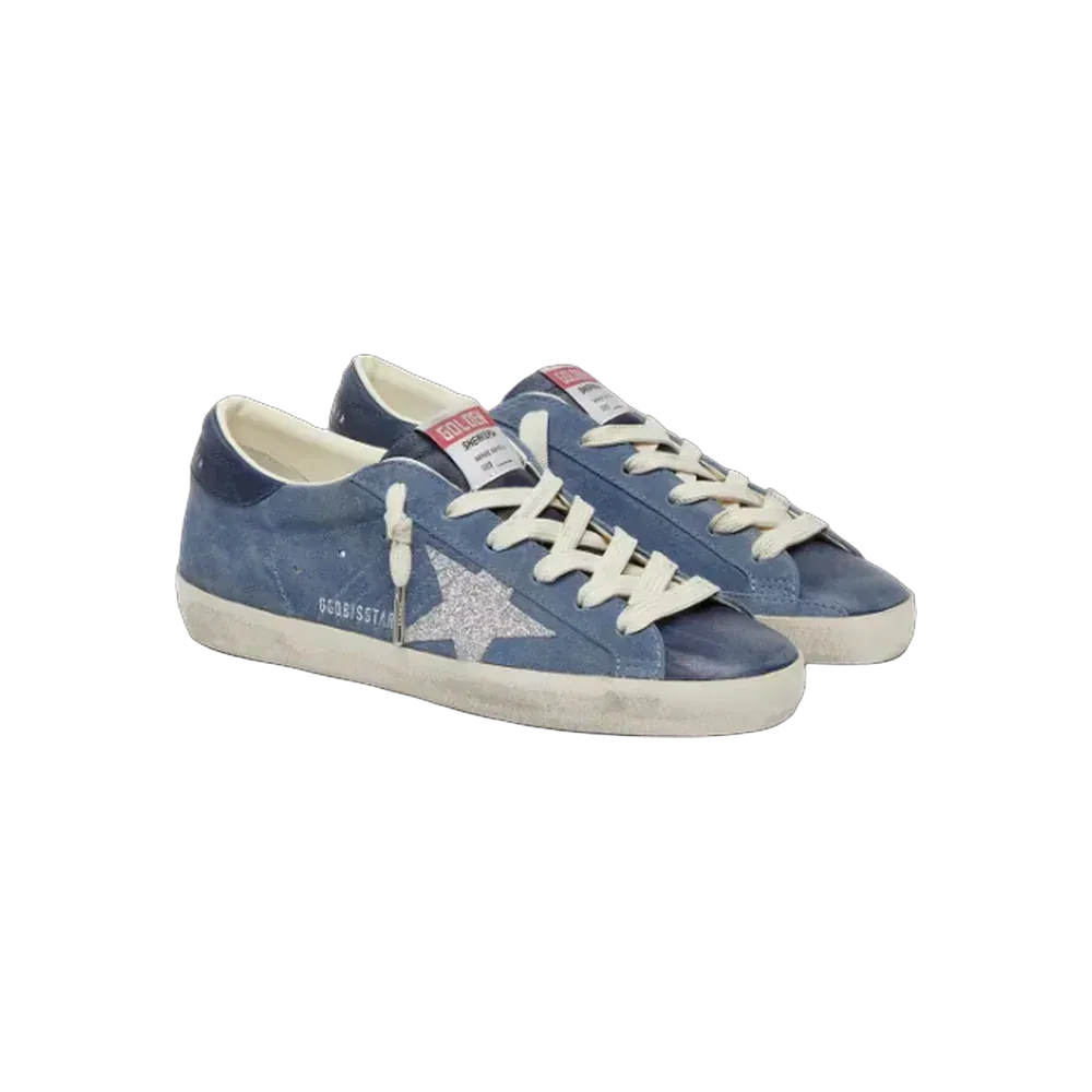 Golden Goose Super-Star In Denim-Blue Suede With Silver Glitter Star