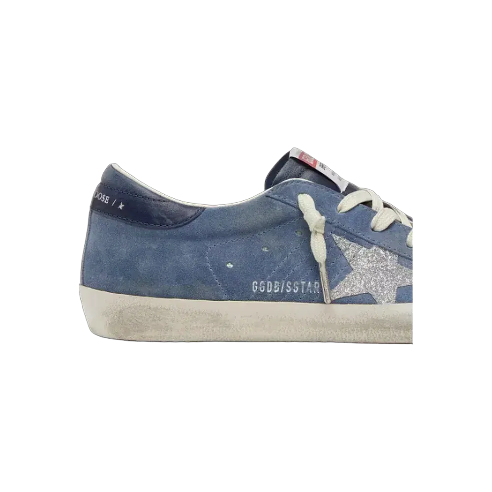 Golden Goose Super-Star In Denim-Blue Suede With Silver Glitter Star