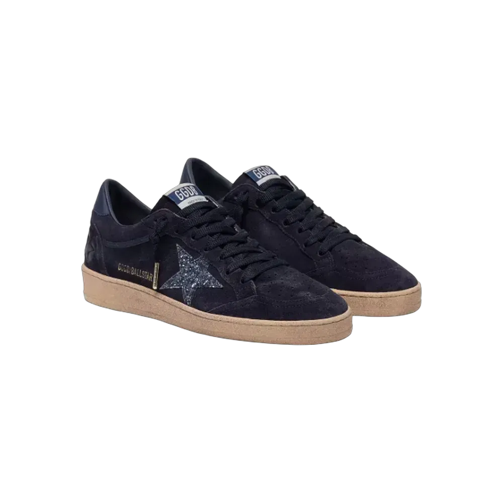 Golden Goose Ball Star In Dark Blue Suede With Dark Blue Glitter Star