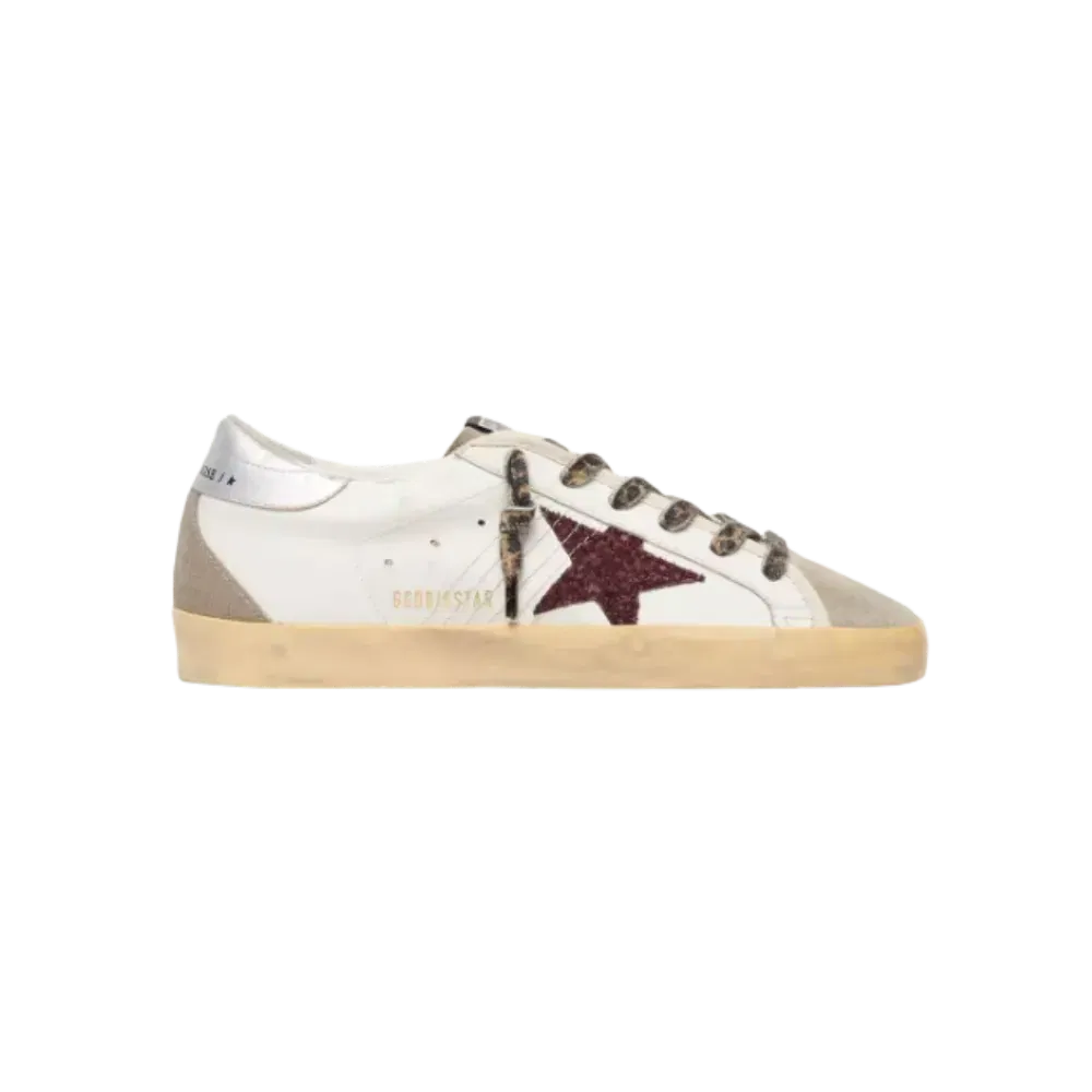 Golden Goose Super-Star With Burgundy Glitter Star And Silver Heel Tab