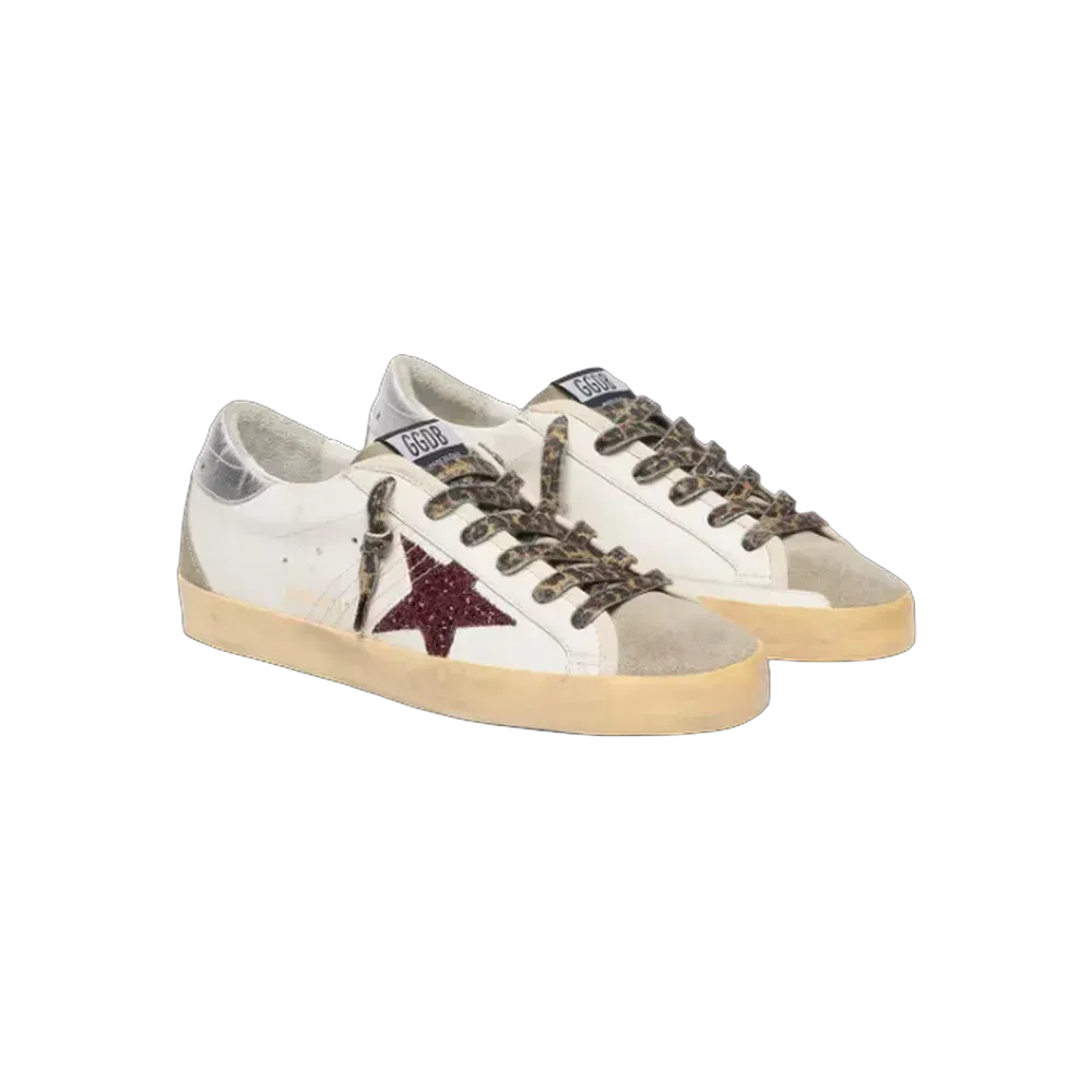 Golden Goose Super-Star With Burgundy Glitter Star And Silver Heel Tab