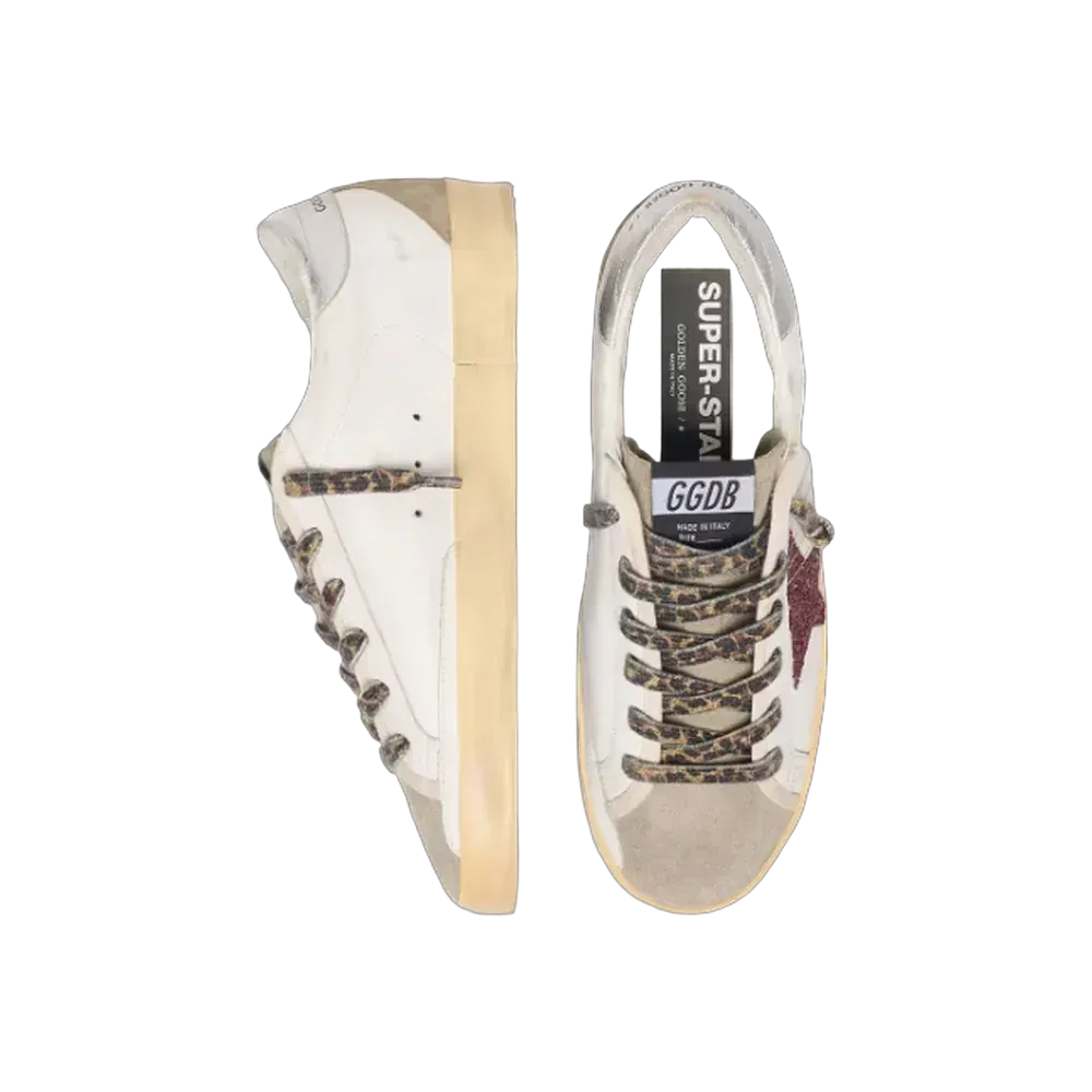Golden Goose Super-Star With Burgundy Glitter Star And Silver Heel Tab