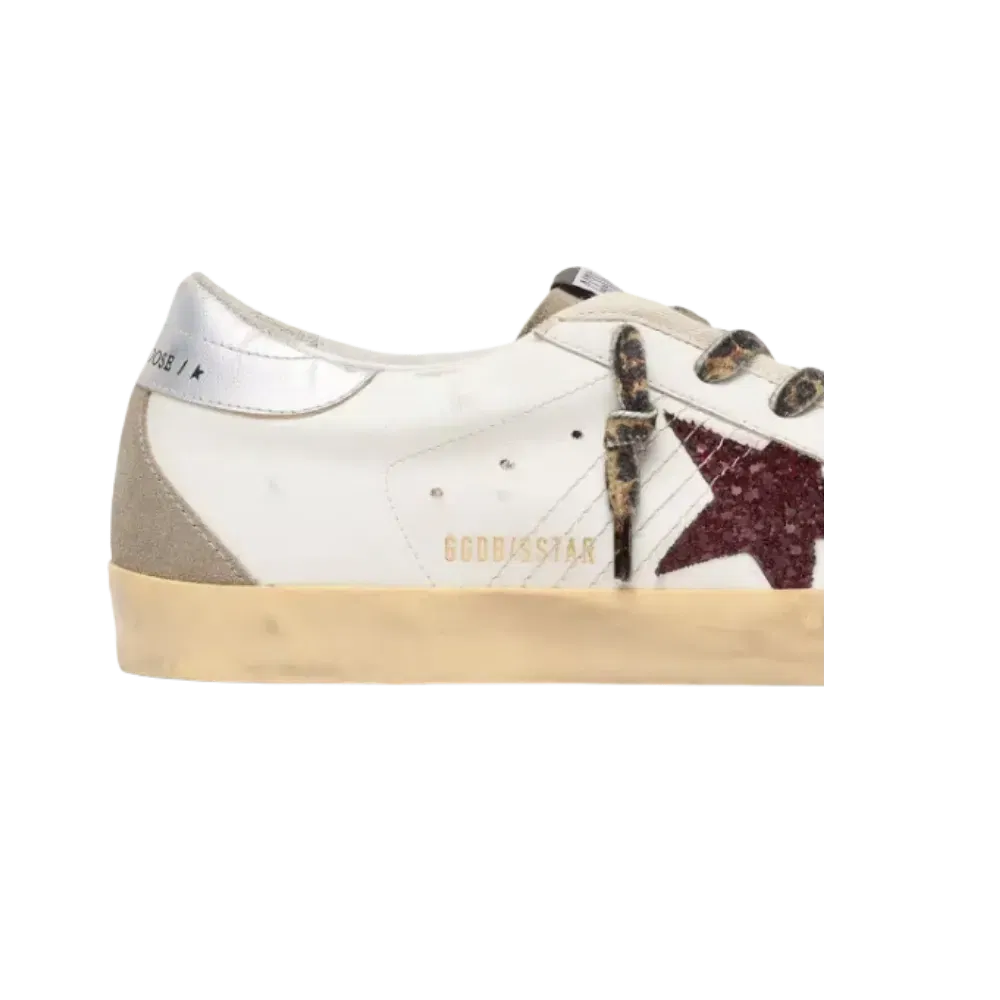 Golden Goose Super-Star With Burgundy Glitter Star And Silver Heel Tab