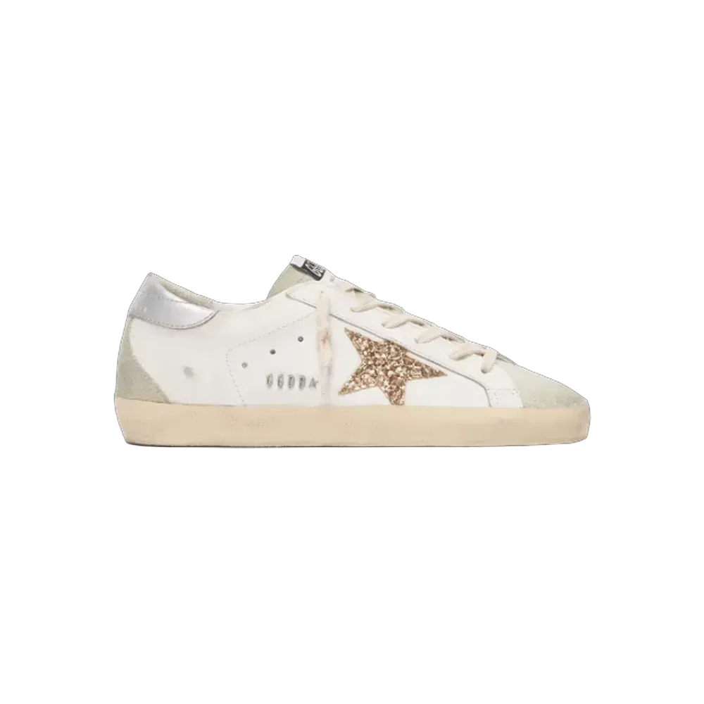 Golden Goose Super-Star With Gold Glitter Star And Ice-Gray Suede Inserts
