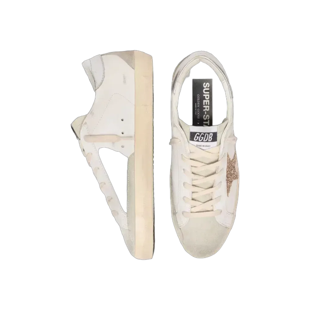Golden Goose Super-Star With Gold Glitter Star And Ice-Gray Suede Inserts