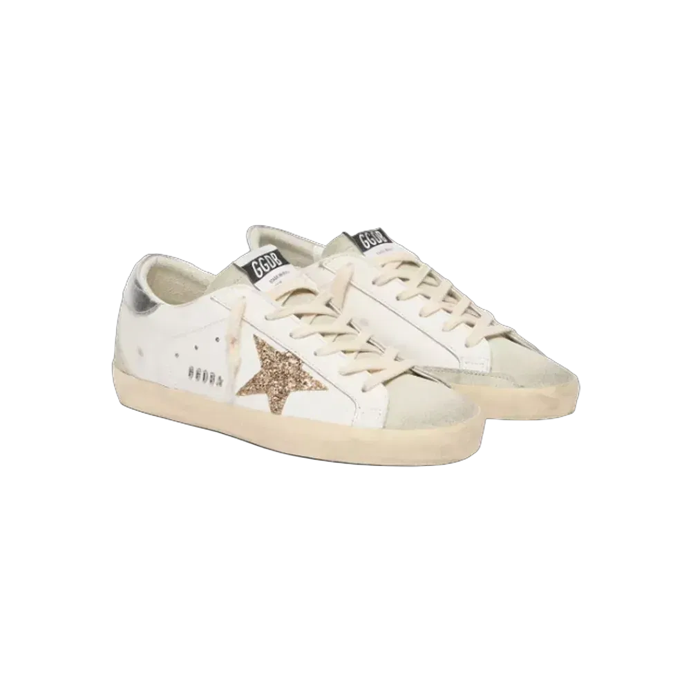 Golden Goose Super-Star With Gold Glitter Star And Ice-Gray Suede Inserts