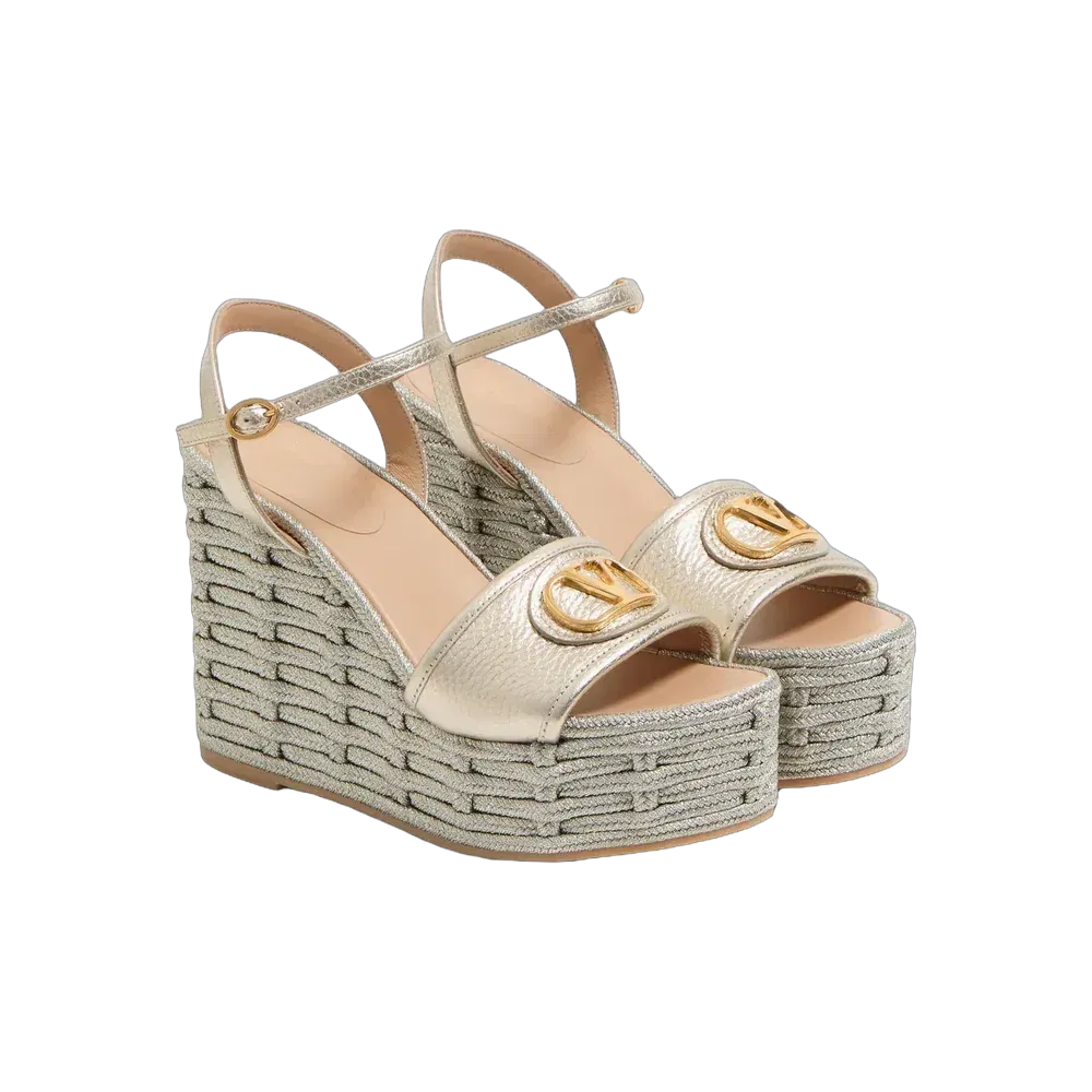 Valentino VLogo Signature Wedge Sandal In Laminated Grainy Calfskin 120mm Platinum