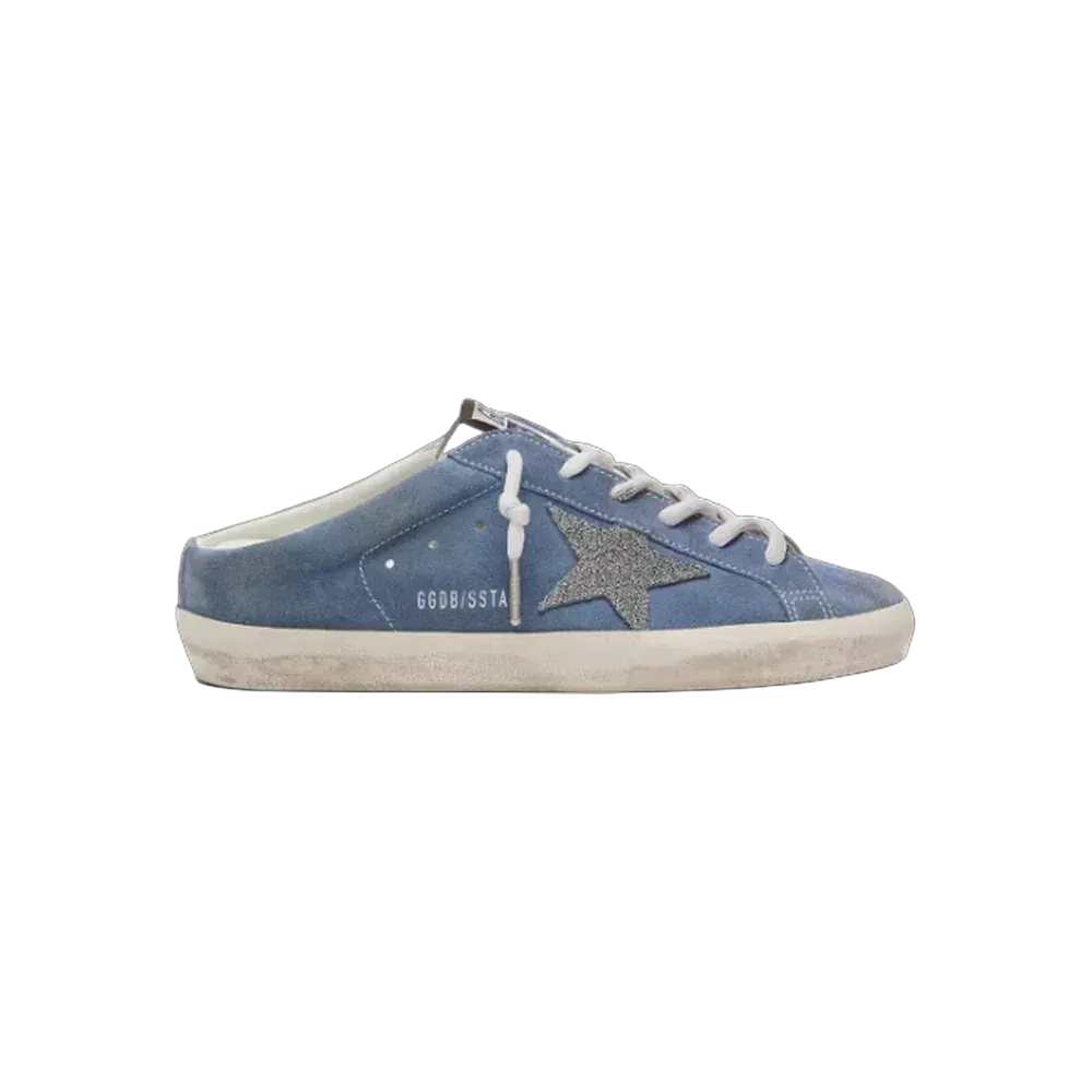 Golden Goose Super-Star Sabots In Denim-Blue Suede With Silver Glitter Star
