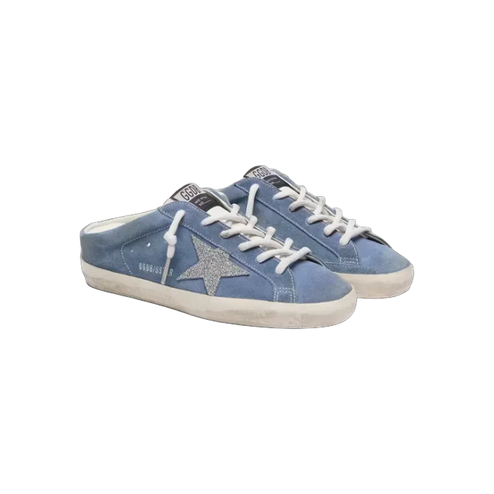 Golden Goose Super-Star Sabots In Denim-Blue Suede With Silver Glitter Star