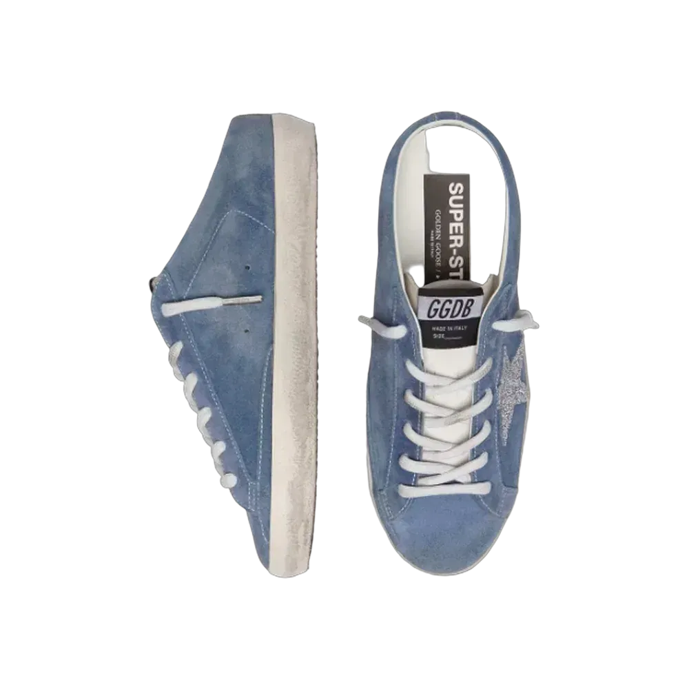 Golden Goose Super-Star Sabots In Denim-Blue Suede With Silver Glitter Star