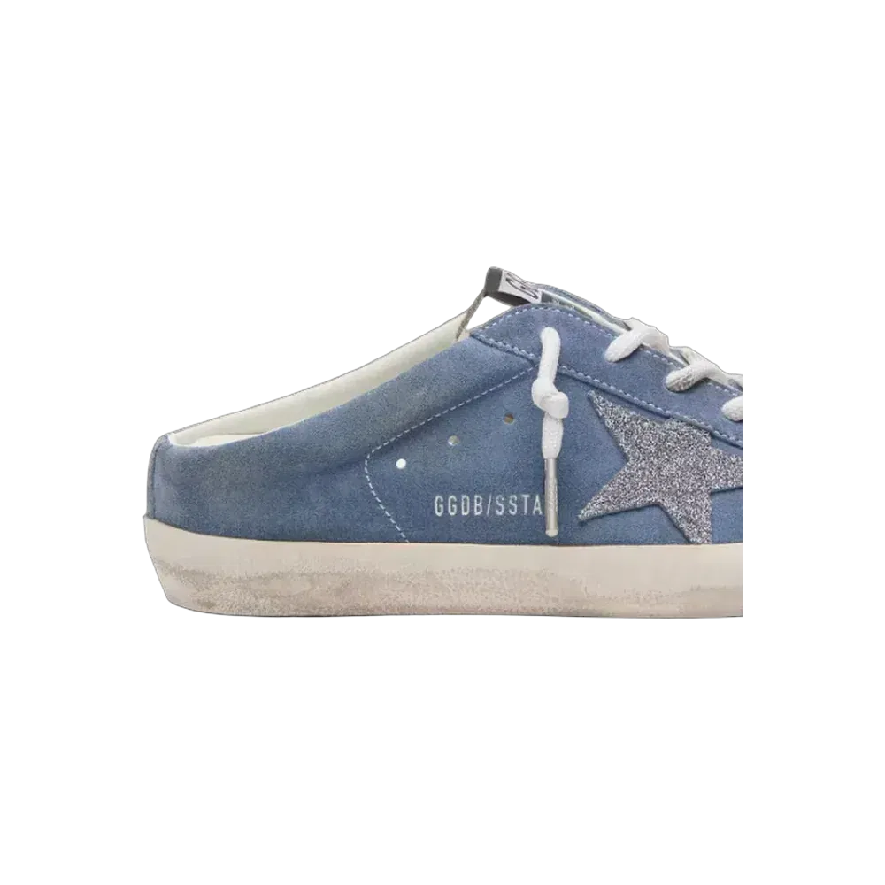 Golden Goose Super-Star Sabots In Denim-Blue Suede With Silver Glitter Star