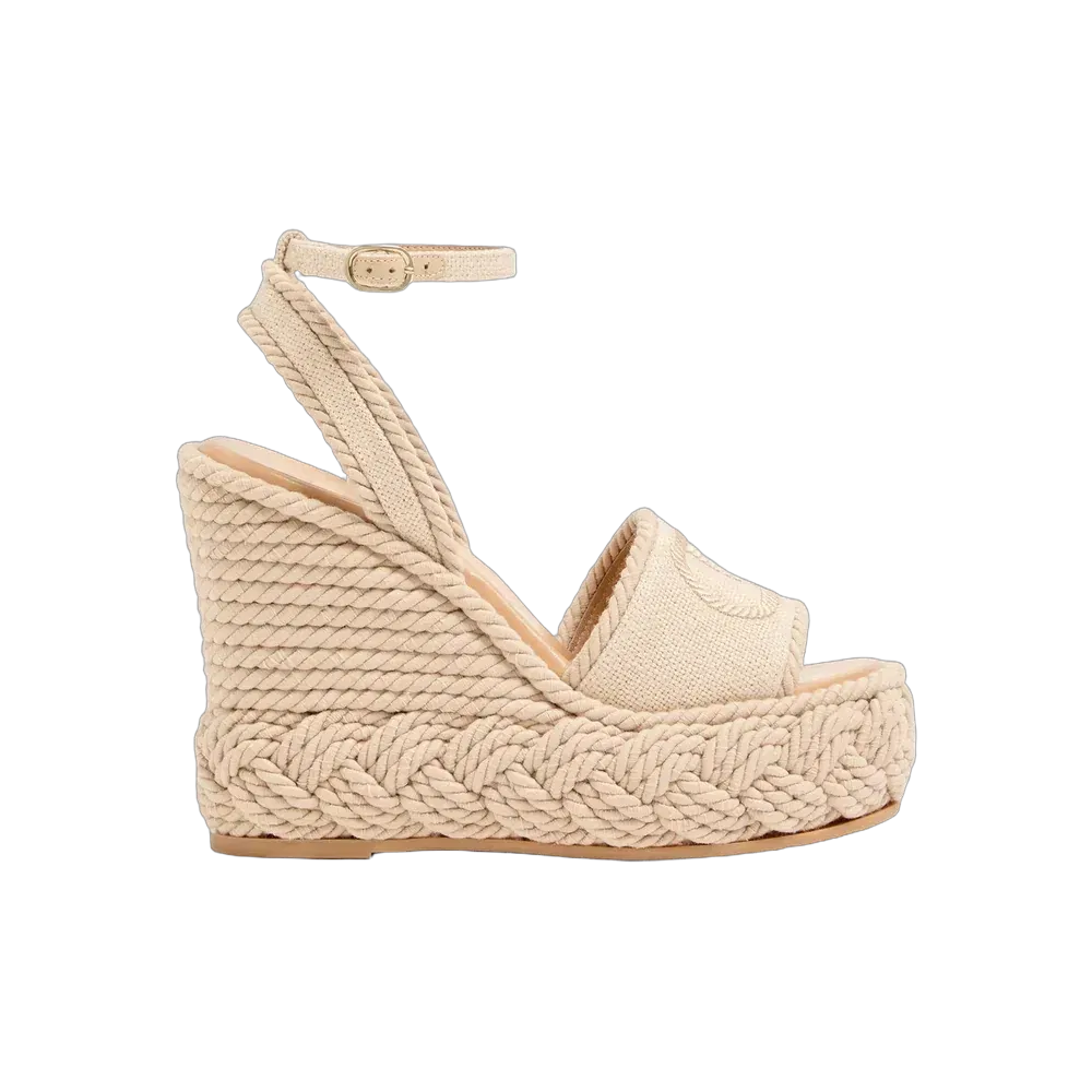 Valentino VLogo Torchon Wedge Sandal In Linen Canvas 130mm Ecru