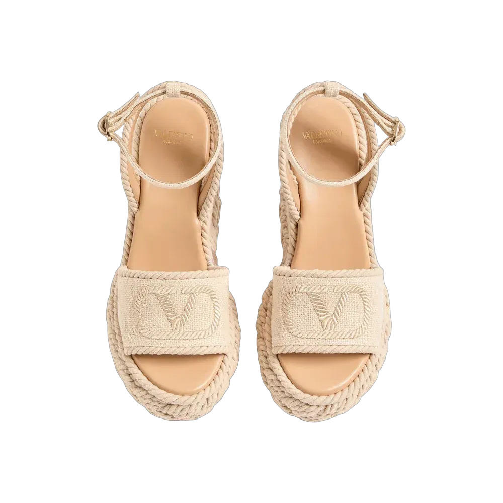 Valentino VLogo Torchon Wedge Sandal In Linen Canvas 130mm Ecru
