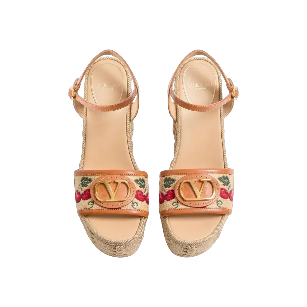 Valentino VLogo Signature Cherryfic Pattern Wedge Sandal 120mm Natural