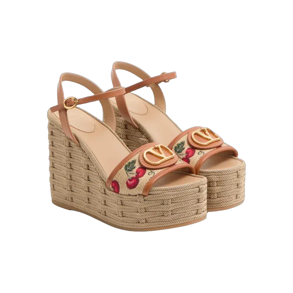 Valentino VLogo Signature Cherryfic Pattern Wedge Sandal 120mm Natural
