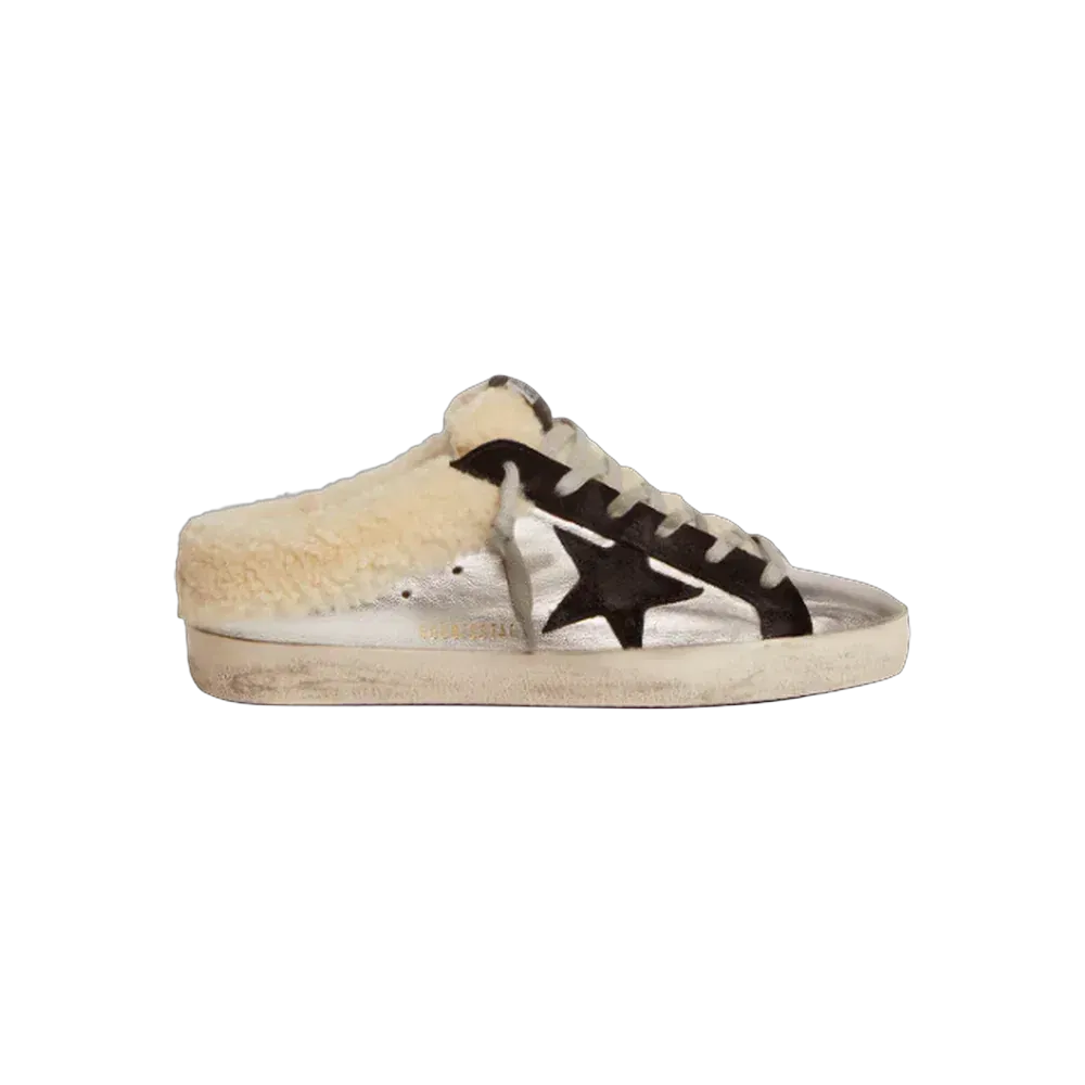 Golden Goose Super-Star Sabot In Silver Laminated Leather With Black Star