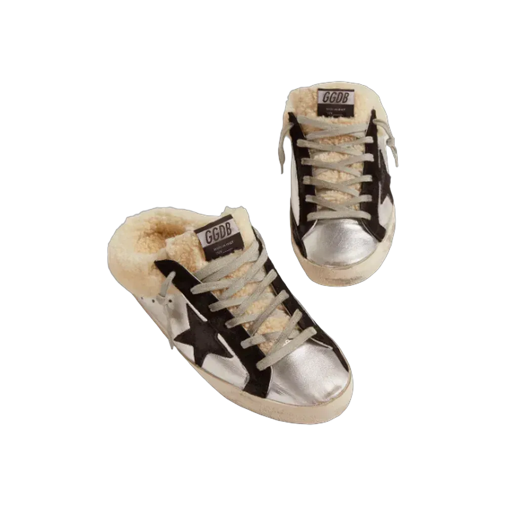 Golden Goose Super-Star Sabot In Silver Laminated Leather With Black Star