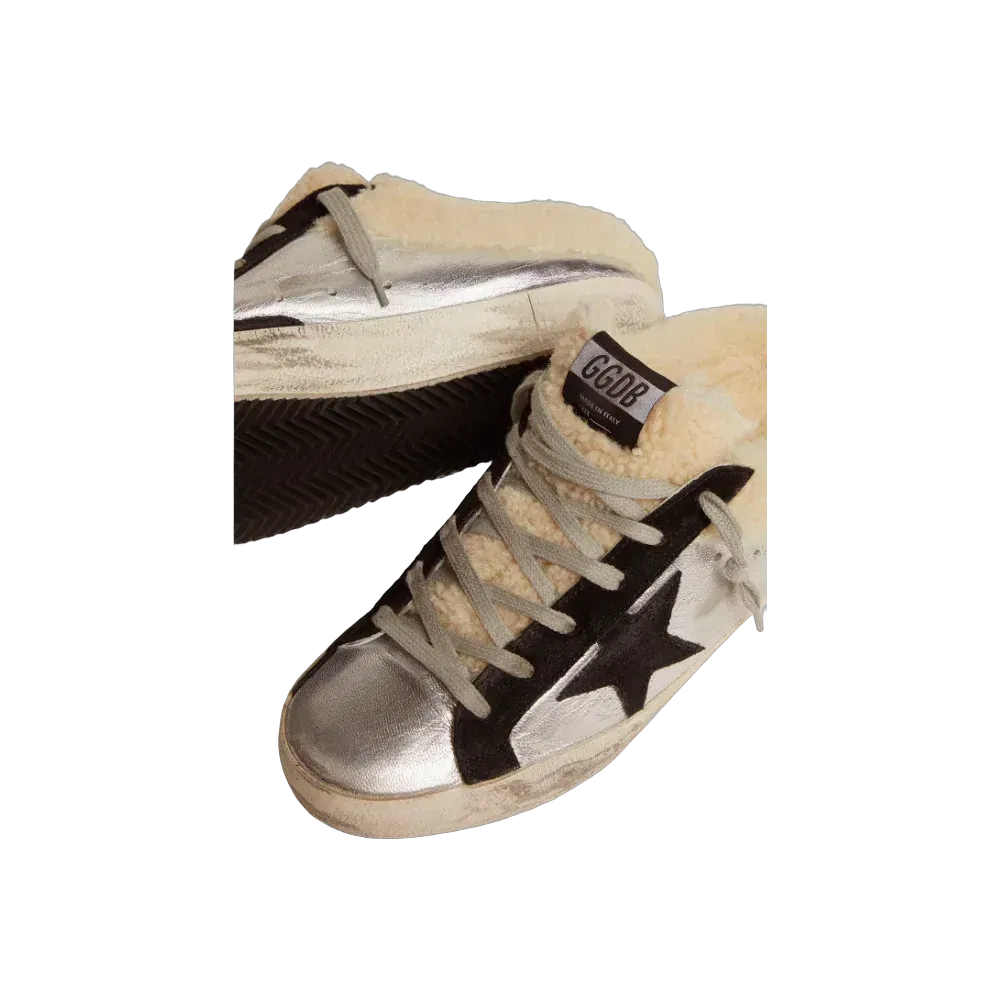 Golden Goose Super-Star Sabot In Silver Laminated Leather With Black Star