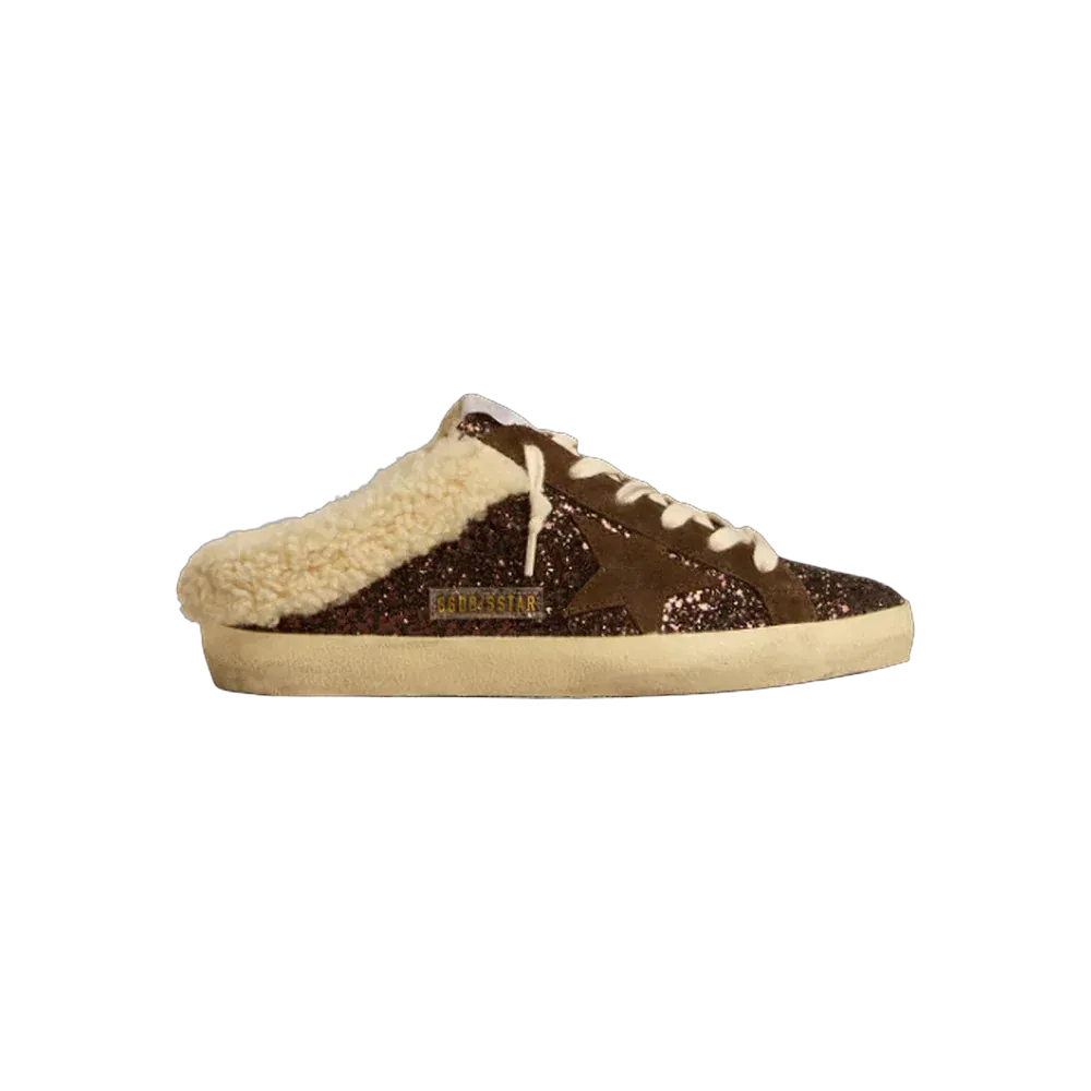 Golden Goose Super-Star Sabots In Glitter With Brown Star And Shearling Lining