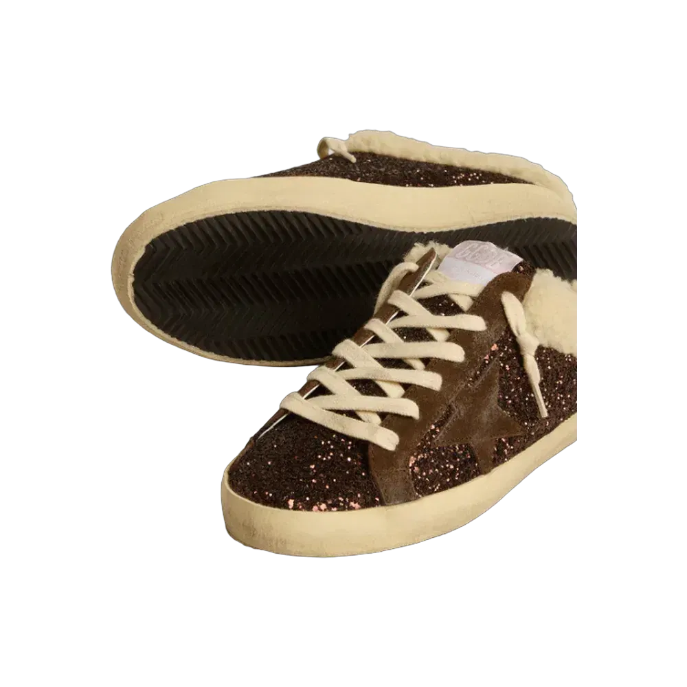 Golden Goose Super-Star Sabots In Glitter With Brown Star And Shearling Lining