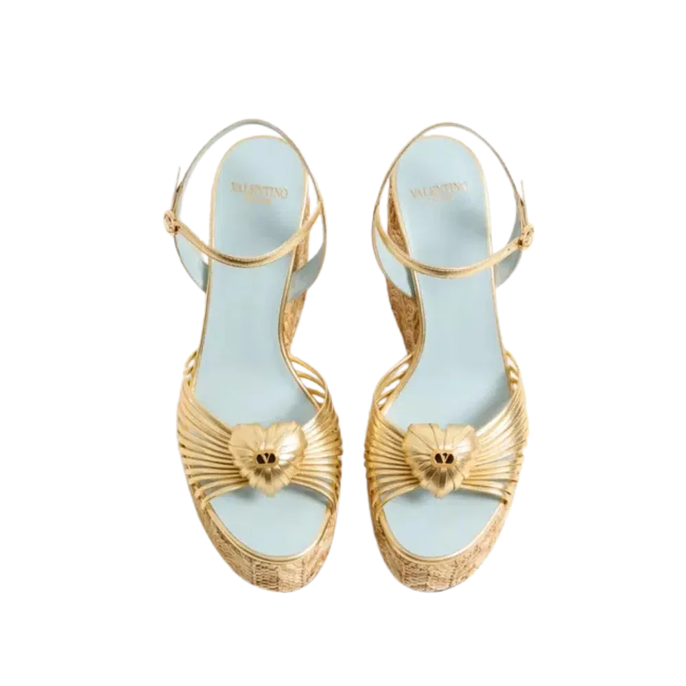Valentino Coeur Royal Laminated Nappa Wedge Sandal 110mm Natural
