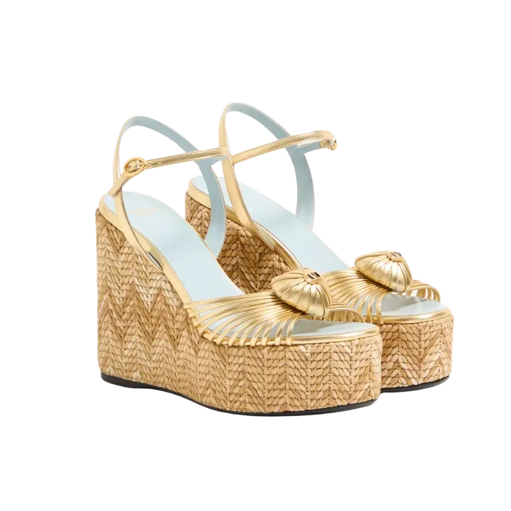 Valentino Coeur Royal Laminated Nappa Wedge Sandal 110mm Natural