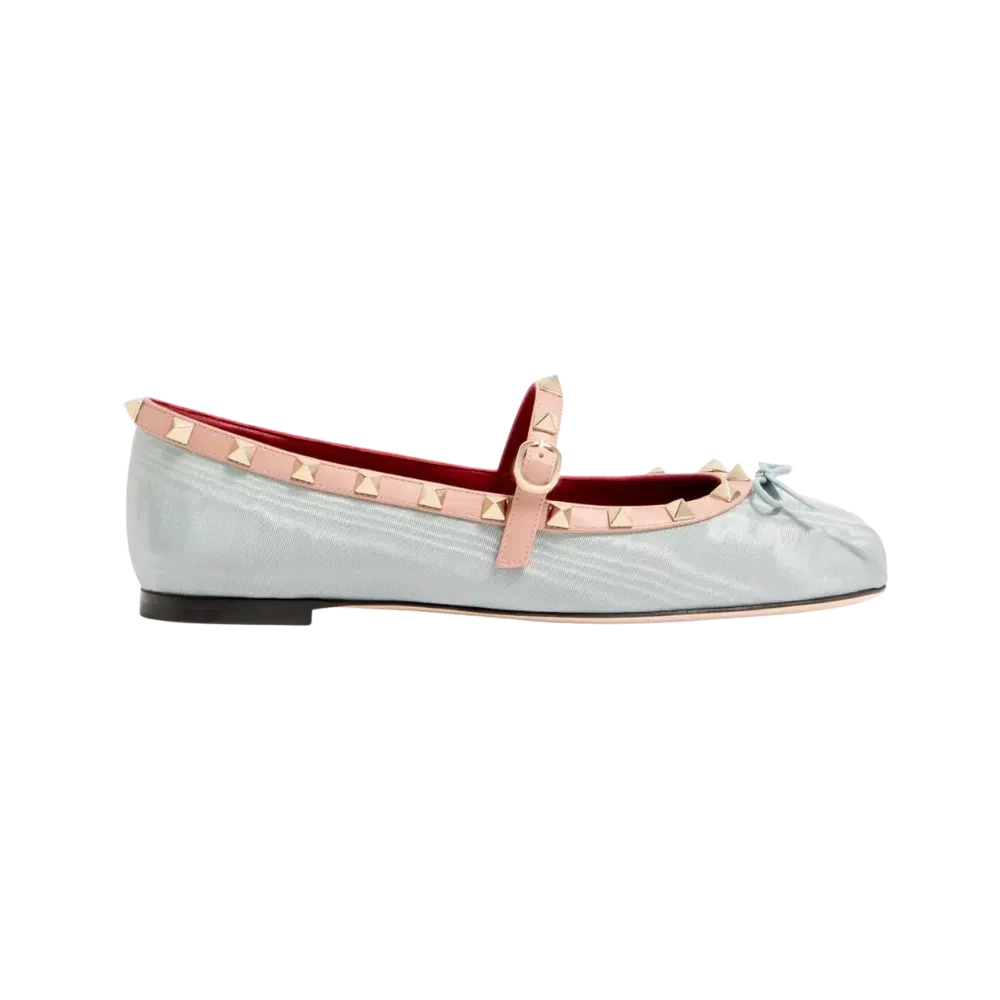 Valentino Mary-Jane Rockstud Ballerina In Moire Fabric 05mm Azure