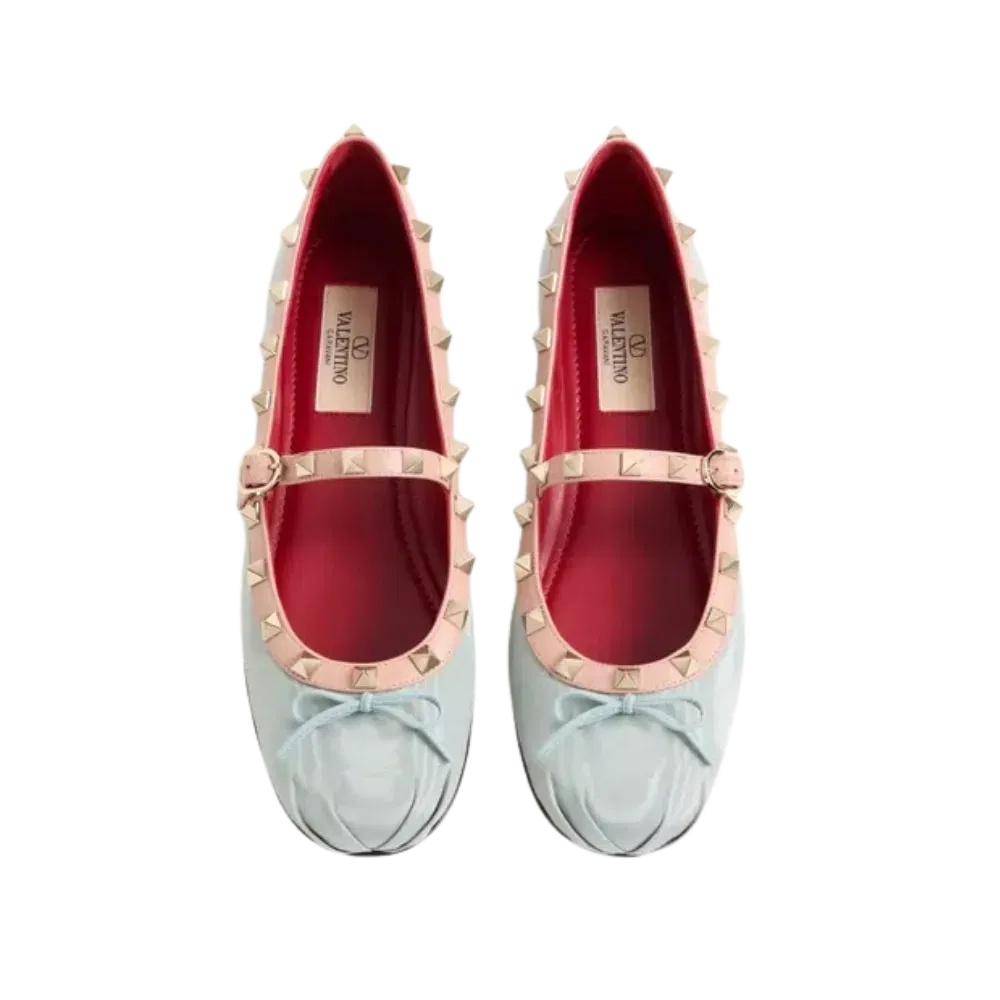 Valentino Mary-Jane Rockstud Ballerina In Moire Fabric 05mm Azure