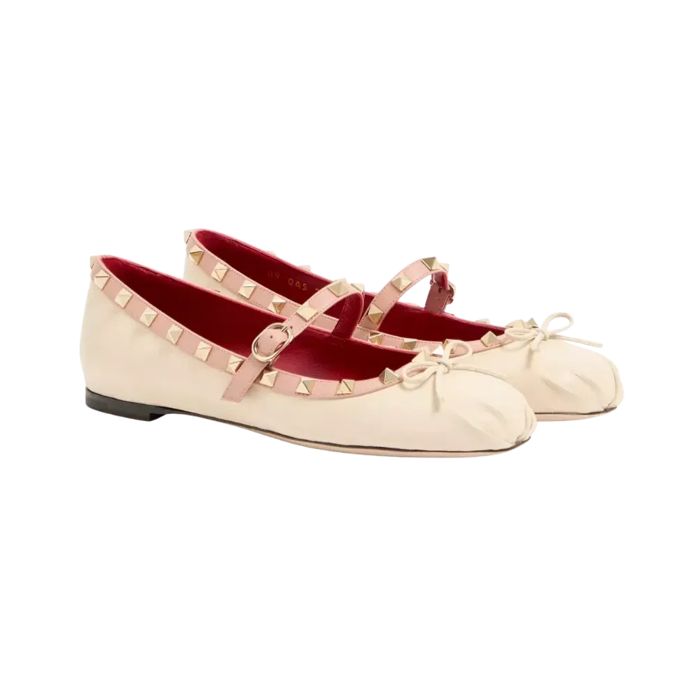 Valentino Mary-Jane Rockstud Nappa Ballerina 05mm Butter