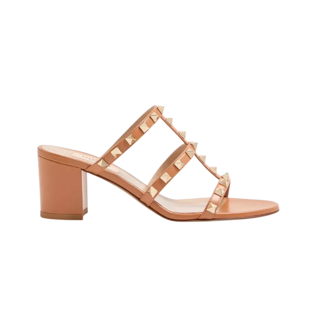 Valentino Rockstud Calfskin Leather Slide Sandal 60mm Almond