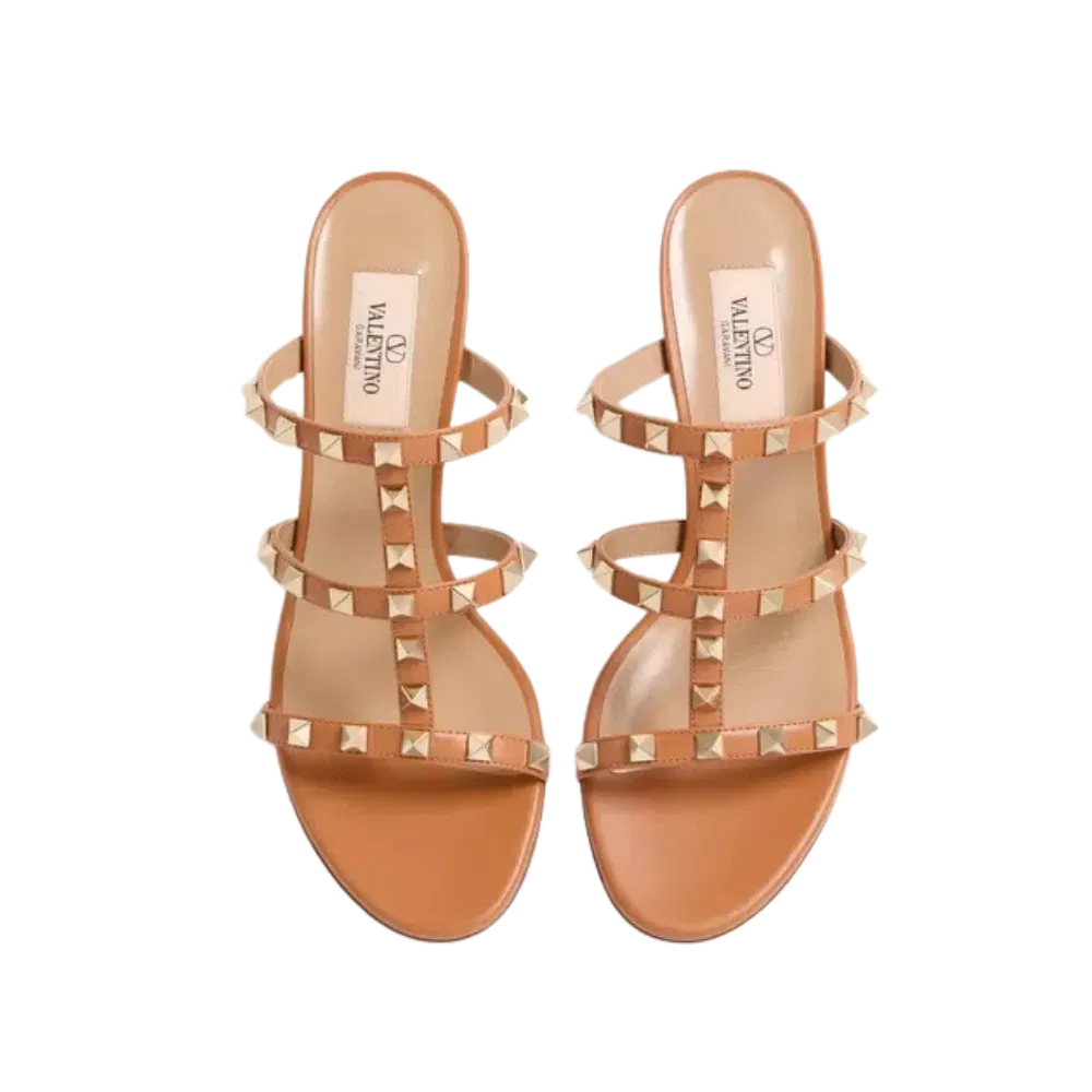 Valentino Rockstud Calfskin Leather Slide Sandal 60mm Almond
