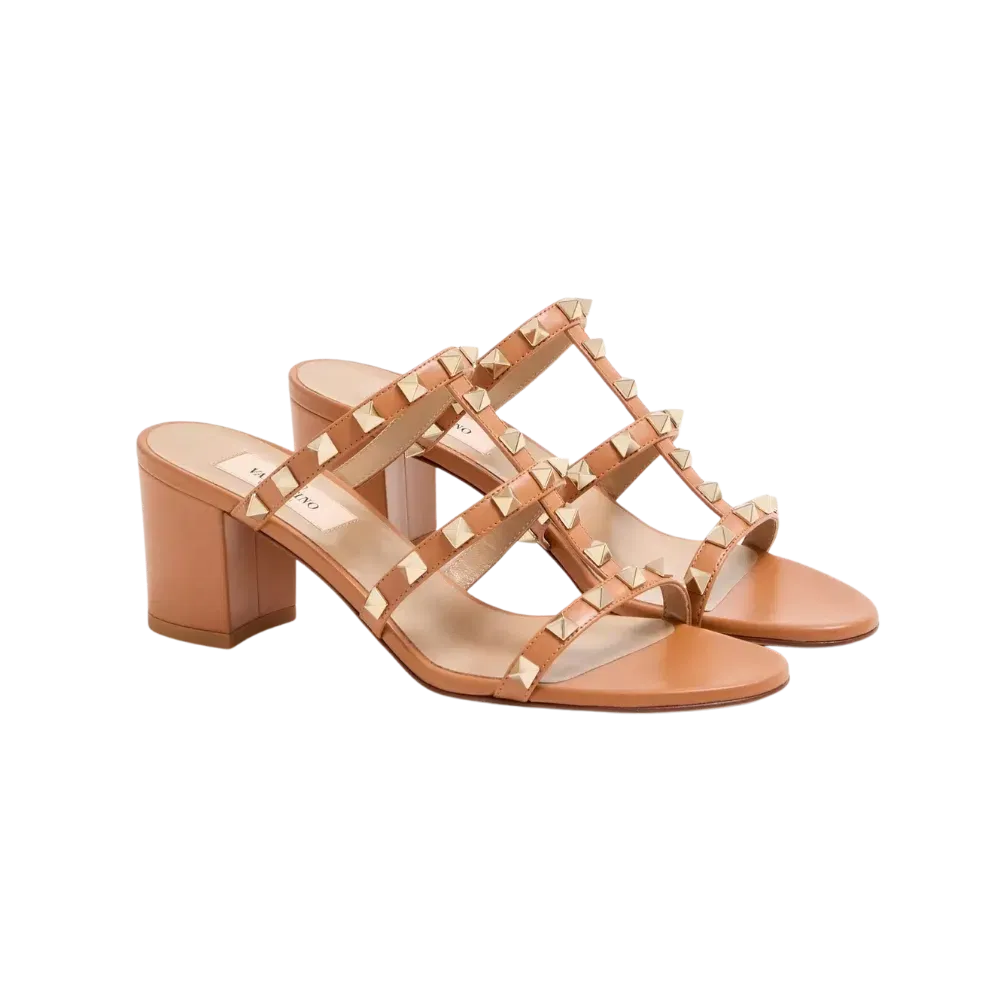 Valentino Rockstud Calfskin Leather Slide Sandal 60mm Almond