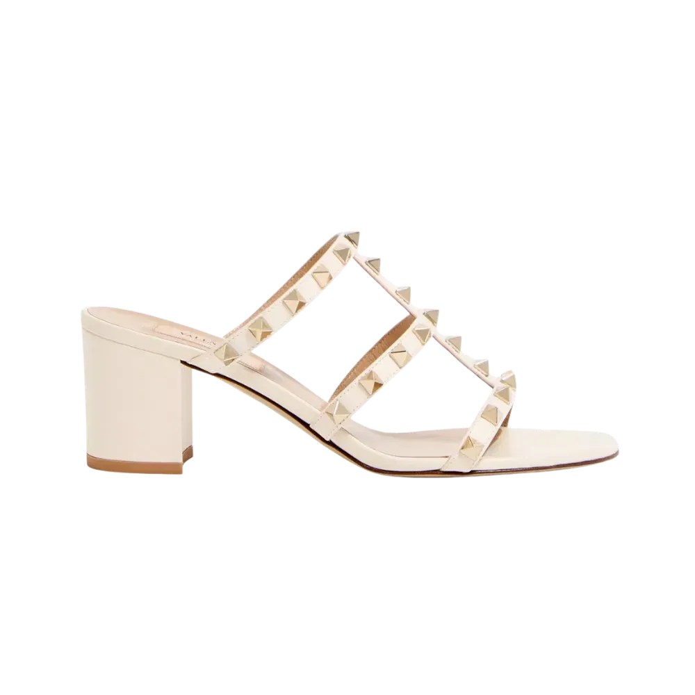 Valentino Rockstud Calfskin Leather Slide Sandal 60mm Light Ivory